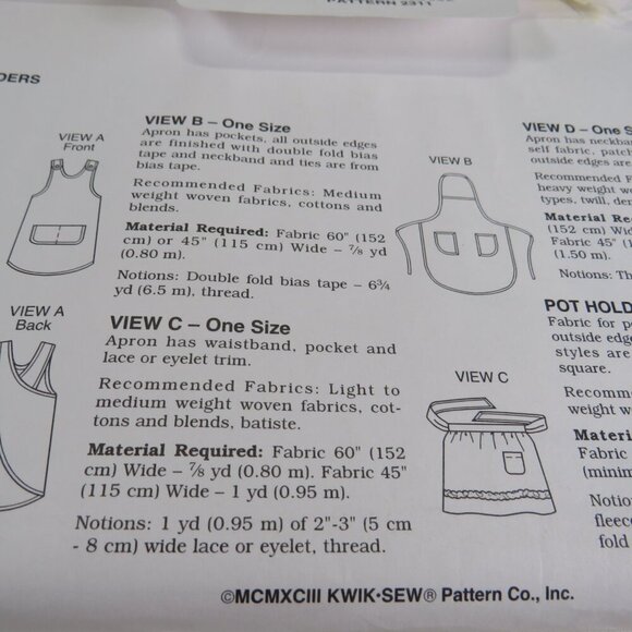 Kwik Sew 2311 Sewing Pattern NEW (5 styles of Aprons) UNCUT - Picture 4 of 7